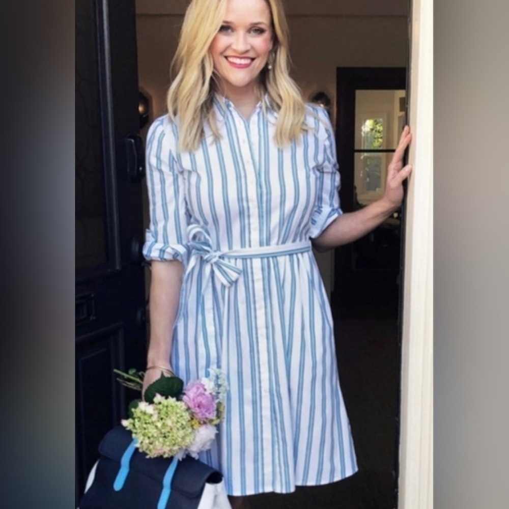 Draper James Blue & White Stripe Belted Button Down Shirtdress Womens Size 8